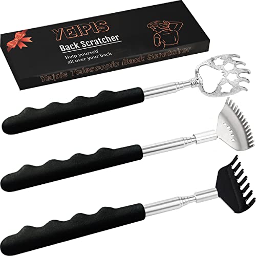 Yeipis 3 Pack Different Back Scratcher Metal Portable Telescoping Back scratchers with Rubber Handles, Extendable Back Massager Tool with Beautiful Box, Gifts for Men Women Kids Adults（Black） - Black
