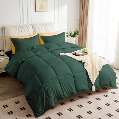 JOKOLO Queen Size Comforter Set - 3 Pieces, 1 Reversible Comforter and 2 Pillowcases,Soft Quilted Warm Fluffy Cooling Bedding for All Season,Green - Queen - Green
