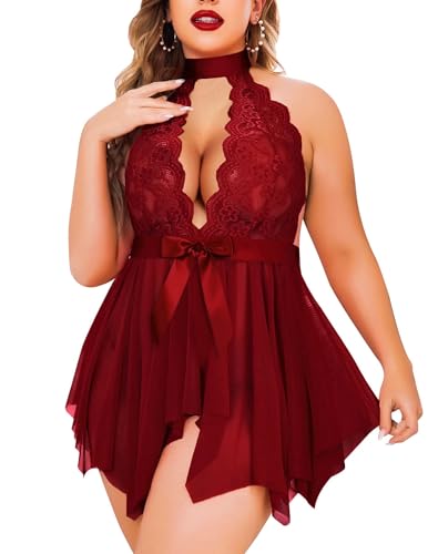 Avidlove Plus Size Babydoll for Women High Waist Teddy Chemise Floral Lace Lingerie - Cherry Red - XX-Large
