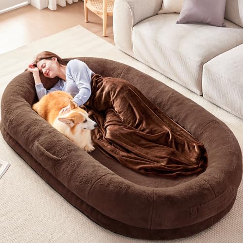 Yojoker Human Dog Bed for People Adults, Giant Bean Bag Bed with Blanket 72"x48"x10", Washable Faux Fur Nap Bed Adult Oval for People, Removable Large Memory Foam Human Sized Dog Bed Brown - 72.0"L x 48.0"W x 10.0"Th - Brown
