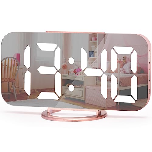 U-pick Digital Alarm Clock, 6.6" Large Mirrored LED Clock with Dual USB Charger Ports | Easy Snooze Function | 3 Adjustable Brightness Suitable for Bedroom Home Office (Rose Gold) - Rose Gold