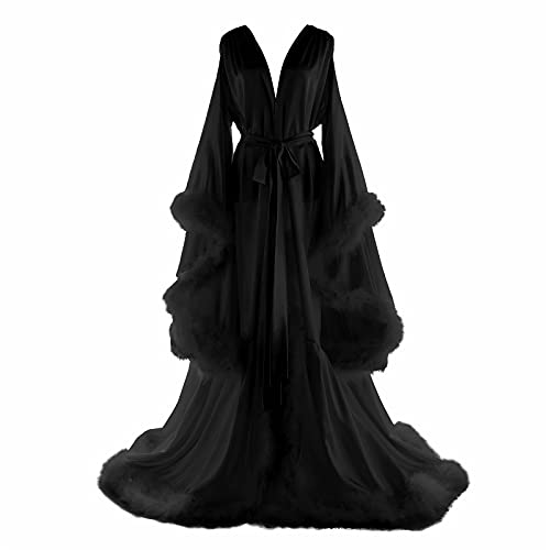 Daily Life Mall Women's Feather Bridal Robes Old Hollywood Maternity Photoshoot Nightgown Silk Bathrobe Long Lingerie - XX-Large - H-black