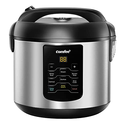 COMFEE' Compact Rice Cooker, 6-in-1 Stainless Steel Multi Cooker, Slow Cooker, Steamer, Saute, and Warmer, 2 QT, 8 Cups Cooked(4 Cups Uncooked), Brown Rice, Quinoa and Oatmeal, 6 One-Touch Programs - Basic_4 Cups Uncooked