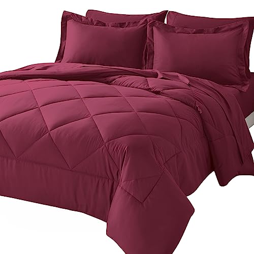 CozyLux Queen Comforter Set with Sheets 7 Pieces Bed in a Bag Burgundy All Season Bedding Sets with Comforter, Pillow Shams, Flat Sheet, Fitted Sheet and Pillowcases, Red, Queen - Burgundy - Queen