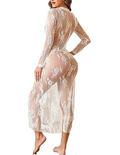 Avidlove Sexy Lace Robe for Women Lingerie Bridal Lace Babydoll Robe Lingerie Sheer Wedding Gown - X-Large - White