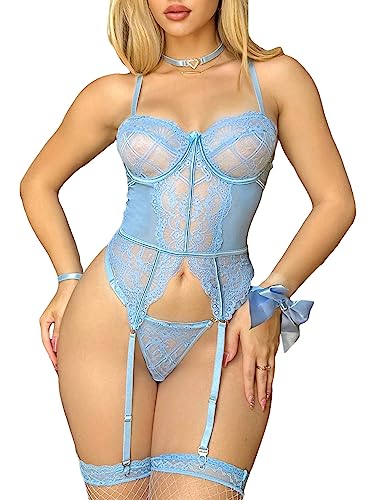 WDIRARA Women's Sexy Lingerie Set Floral Lace Garter Bustier Lingerie Set with 1Pair Fishnet Stocking - Large - Light Blue