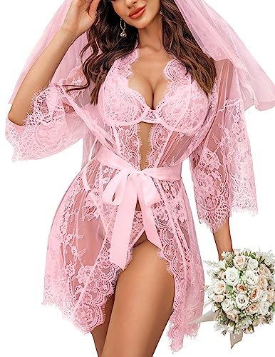 Avidlove Women's Lace Kimono Robe Babydoll Lingerie Mesh Nightgown S-5XL - Pink - X-Large