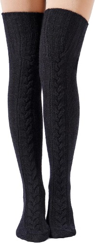 Wool Thigh High Socks Over the Knee Socks Thigh High Stockings Extra Long Boot Thick Socks Leg Warmers for Women - Black One Size