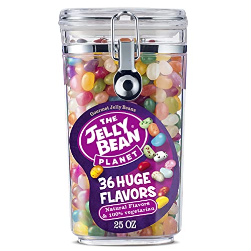 The Jelly Bean Planet 36 Huge Flavors 25 oz - Gourmet Jelly Beans - Candy Bulk - Gluten Free - 100% Vegetarian - Natural Flavors - Ideal for Valentines Gift - Party Gift with Sustainable Jar - 2.66 Pound (Pack of 1)