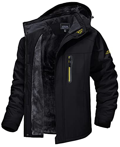 TACVASEN Men's Ski Jackets Winter Waterproof Windproof Hiking Snowboard Fleece Lined Jacket Hooded - Large - Black