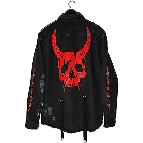 Seidarise Men's black denim jacket Jean Hip Hop Oversized Cropped Street wear Coat - Large - Skeleton