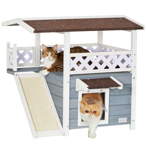 Petsfit Cat Wooden House, Waterproof House Cat Outdoor, Cat Outdoor Shelter with Cat Scratching Pad, Balcony (Grey) - Gray(With Scratchers) - 1 Count (Pack of 1)