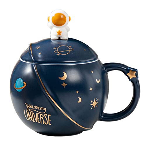 HwaGui - Cute Astronaut Mug With Lid And Spoon, Kawaii Cup Novelty Mug For Coffee, Tea And Milk, Mug Gift Blue 450ml/15oz - astronaut mug blue