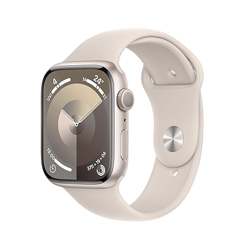 Apple Watch Series 9 (GPS, 45 mm) Smartwatch mit Aluminiumgehäuse und Sportarmband M/L in Polarstern. Fitnesstracker, Blutsauerstoff und EKG Apps, Always-On Retina Display, Wasserschutz - Sportarmband - 45 mm Gehäuse - Polarstern - M/L - für 160–210 mm Umfang