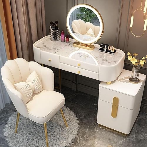 Schminktisch mit Beleuchtung Spiegel, Einstellbarer Helligkeit, Kosmetiktisch mit Frisierstuhl, Für Damen Und Mädchen, Make-up Tisch mit 5 Schubladen und Anrichte, für Schlafzimmer, 3 Farben - White Gold - 100cm/39.4in