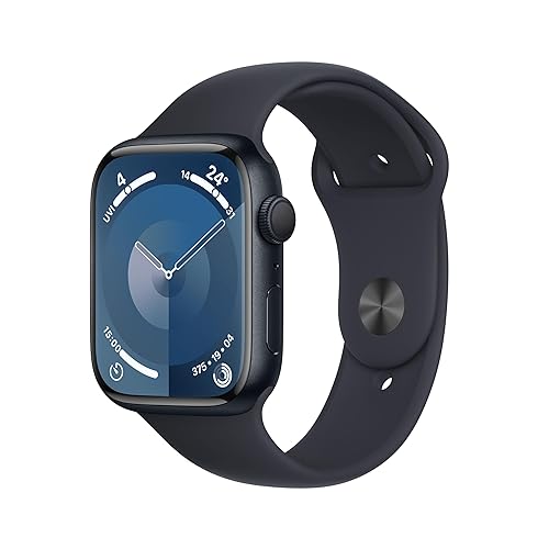 Apple Watch Series 9 (GPS, 45 mm) Smartwatch mit Aluminiumgehäuse und Sportarmband M/L in Mitternacht. Fitnesstracker, Blutsauerstoff und EKG Apps, Always-On Retina Display, Wasserschutz - Sportarmband - 45 mm Gehäuse - Mitternacht - M/L - für 160–210 mm Umfang