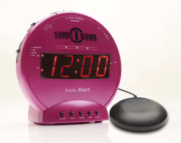 Sonic Bomb Dual Alarm Clock with Bed Shaker, Pink | Sonic Alert Vibrating Alarm Clock Heavy Sleepers, Battery Backup | Wake with a Shake
