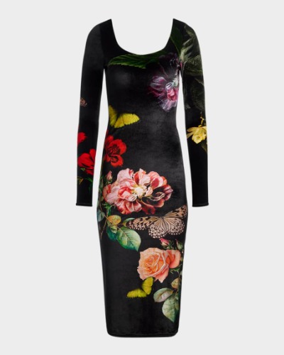 Alice + Olivia In The Wind Floral Delora Scoop-Neck Velvet Midi Dress