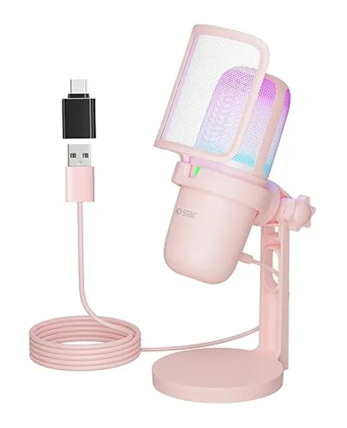 Ko-Star USB Microphone Gaming for PC Pink，Mini Computer Gaming Mic for PS4/ PS5/ Mac,Streaming Microphone for PC Gaming,Condenser Mic with RGB Streaming,PopFilter,Shock Mount for Recording,Podcasting - Pink