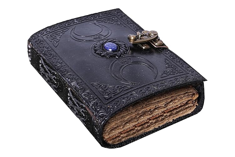 Vintage Leather Journal Semi Precious Witch Stone Triple Moon Design-Lock Closure, 200 Antique Deckle Edge Blank Paper-Book of Shadows, Grimoire Journal, Witch Journal for Men and Women (7x5 Inch, Black) - 7x5 Inch - Black