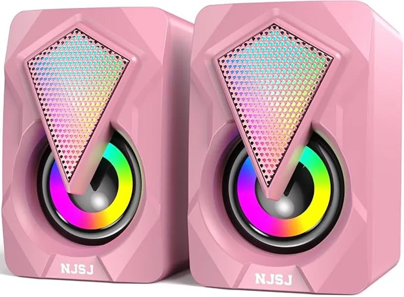 NJSJ Computer Speakers for Desktop, USB-Powered Stereo 2.0 Speakers for PC or Laptop Monitor, Portable Small Speaker with 3.5mm Aux Input, Colorful LED Lights - Pink - Pink