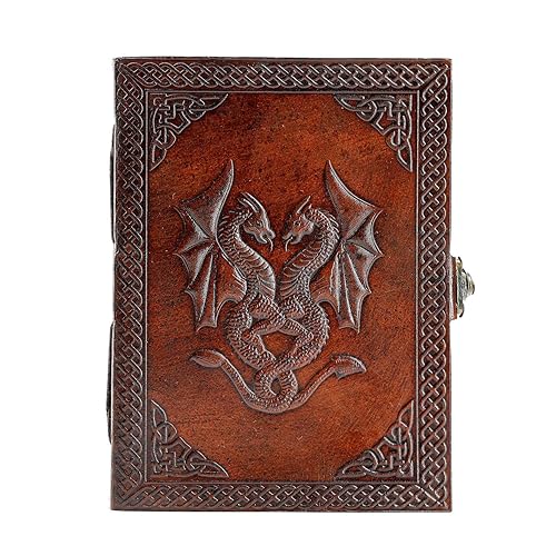 Handmade Leather Double Dragon Journal/Writing Notebook Diary/Bound Daily Notepad for Men & Women Unlined Paper Medium, Writing pad for Artist, Sketch - 8 x 6 - Brown