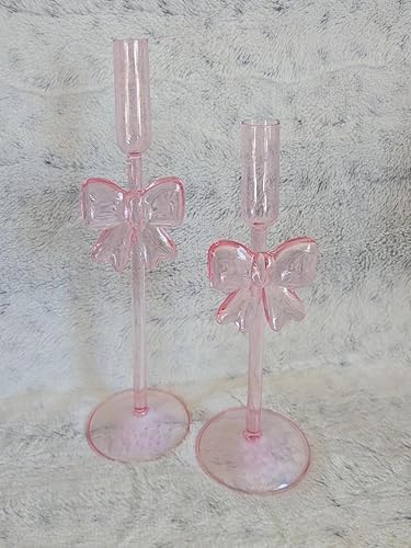 Bow Glass Candle Holders for Candlestick Holders Candle Stand Candle Sticks Holder Decor for Table Centerpiece Decor Girls Pink Room Set of 2
