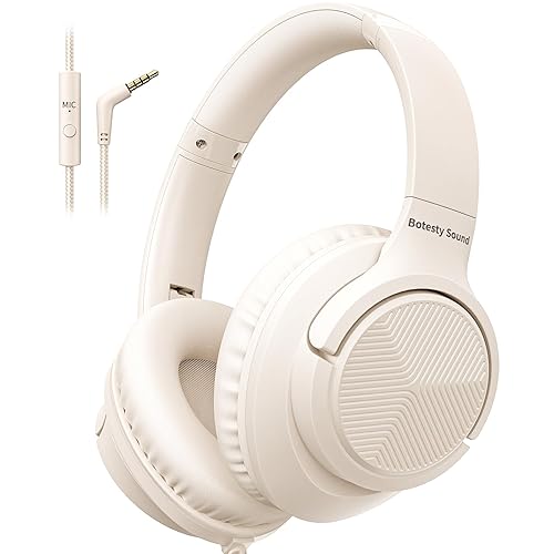 Botesty Sound Headphones Wired with Microphone, Over Ear Foldable 3.5mm Plug in Headphones with 4.9ft Tangle-Free Nylon Cord for Smartphone,Tablet,Computer,MP3/4 (Beige) - Beige White