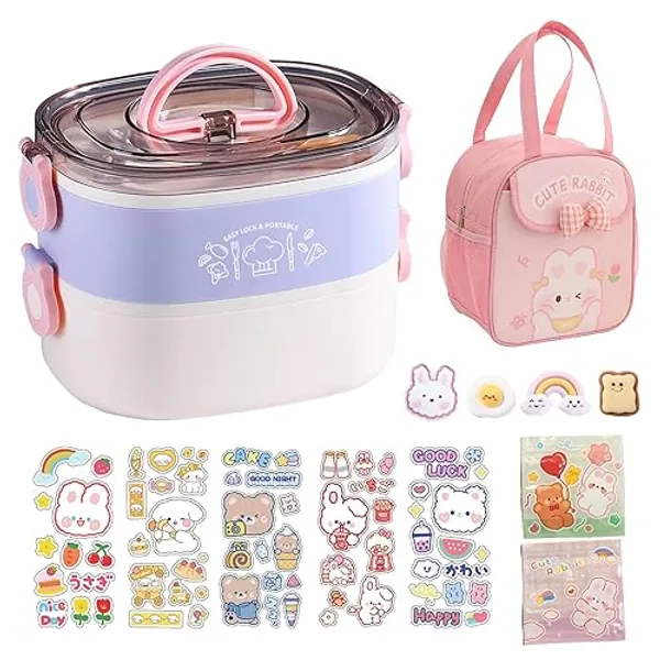 Paidideng Kawaii Bento Box Bento Lunch Box with Lunch Bag,Tableware,Biscuit bags,2 Layers Stacked Leakproof Cute Lunch Box,for Travel,Office,Gym. (purple) - Purple