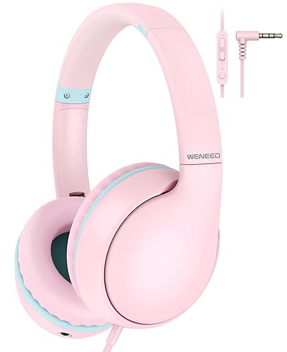 weneed Kids Headphones Wired with Microphone, Over Ear 85/94dB Volume Limited Headphones with Share Port, Stereo Sound Foldable Headset for Teens/Boys/Girls - Pink - Pink