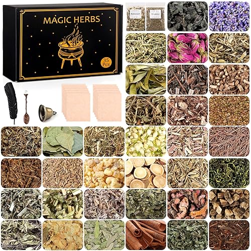 35Pcs Dried Herbs for Witchcraft Supplies, Dried Herb Kit for Witch Beginner, Wiccan, Wicca Altar Supplies, Magic Ritual and Spell, Candle and Soap Making, with Witchy Bell and More