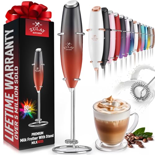 Zulay Powerful Milk Frother Handheld Foam Maker for Lattes - Whisk Drink Mixer for Coffee, Mini Foamer for Cappuccino, Frappe, Matcha, Hot Chocolate by Milk Boss (Fire Red) - Fire Red