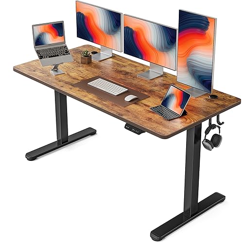 FEZIBO Height Adjustable Electric, 63 x 24 Inches Table, Sit Stand Home Office Desk with Splice Board, Black Frame/Rustic Brown Top - 63*24 Inch - Rustic Brown