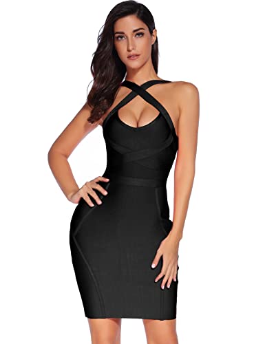 meilun Women's Celebrity Bandage Bodycon Dress Strap Party Pencil Dress - Small - Black-3