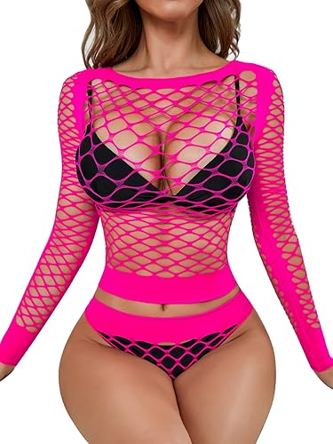 RSLOVE Women Sexy Mesh Lingerie Fishnet Babydoll Free Size Bodysuit See Through Shirts Long Sleeve - One Size - Flourescence Pink