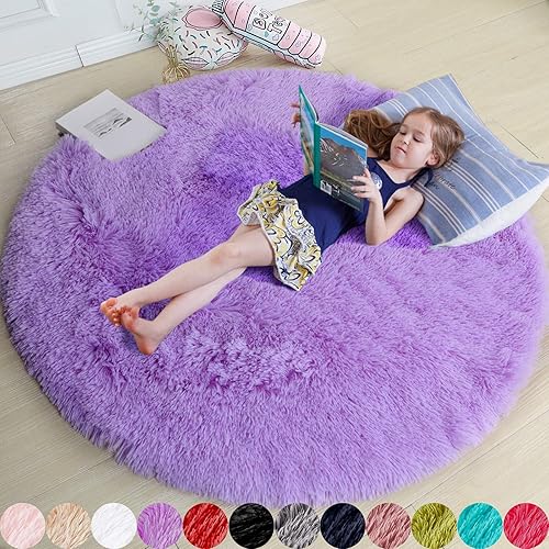 Purple Round Rug for Girls Bedroom,Fluffy Circle Rug 4'X4' for Kids Room,Furry Carpet for Teen's Room,Shaggy Circular Rug for Nursery,Fuzzy Plush Rug for Dorm,Purple Carpet,Cute Room Decor for Baby - 4x4 Feet - Purple