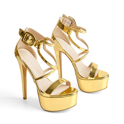 LISHAN Women's Platform 5.9in High Heel Open Toe Ankle Strap Sandals - 7 - A-gold