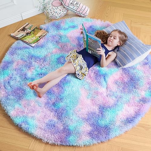 Amdrebio Blue Purple Rainbow Rugs for Girls Bedroom 4x4, Fluffy Round Rug for Kids Room Decor, Cute Mermaid Shag Carpet for Nursery, Classroom, Playroom, Soft Fuzzy Area Rug for Baby, Toddler, Teen - 4x4 Feet - Blue Purple