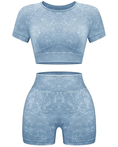 OLCHEE Womens Workout Sets 2 Piece - Seamless Acid Wash Yoga Outfits Shorts and Crop Top Matching Gym Athletic Clothing Set - Short-sleeve + Shorts: Blue - Small