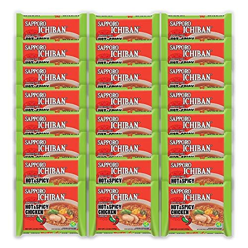 [SAPPORO ICHIBAN] Ramen Noodles, Hot & Spicy Chicken Flavor, No. 1 Tasting Japanese Instant Noodles (3.5 Oz. x 24 packs) | 24 Pack Case - Chicken - 3.5 Ounce (Pack of 24)