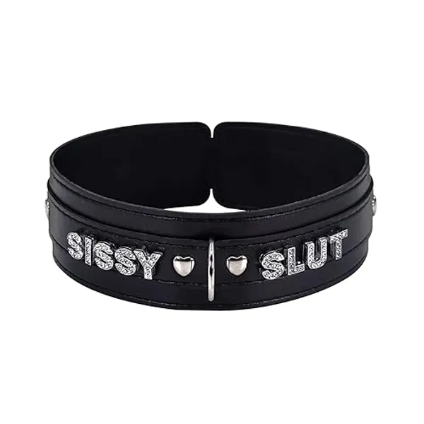 paloli Women Pink Leather Choker Necklace, Punk Gothic Black Fluffy Name Letters Collar Leash Neck Jewelry - Black - SISSY