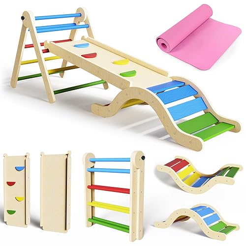 Pikler Triangle Set 7in1 Toddler Climbing Toys Indoor Foldable Baby Climbing Toys Wooden Montessori Climbing Set with Arch, Ramp, Ladder for 1-3 Years, Jungle Gym for Kids Colored - Multicolored