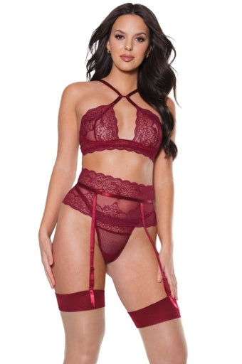 22313 - Bra And Garter Belt - MERLOT / L
