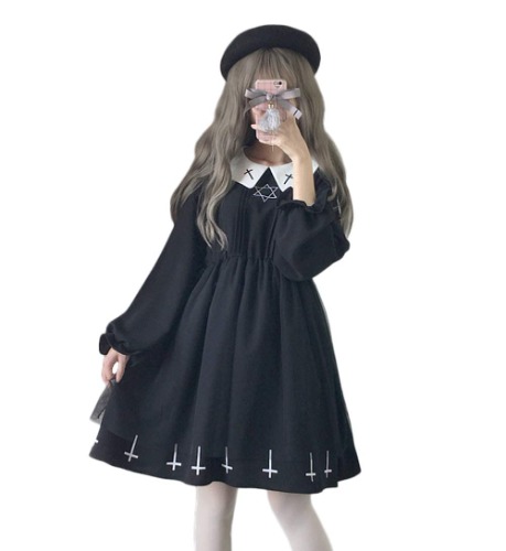 Himifashion Lolita Robe gothique pour adolescente 6 étoiles en maille avec manches bouffantes, Noir, (HM-865)