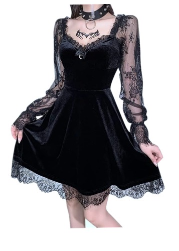 Zarfmiya Robe gothique Lolita en dentelle à manches longues et col en V pour femme Noir