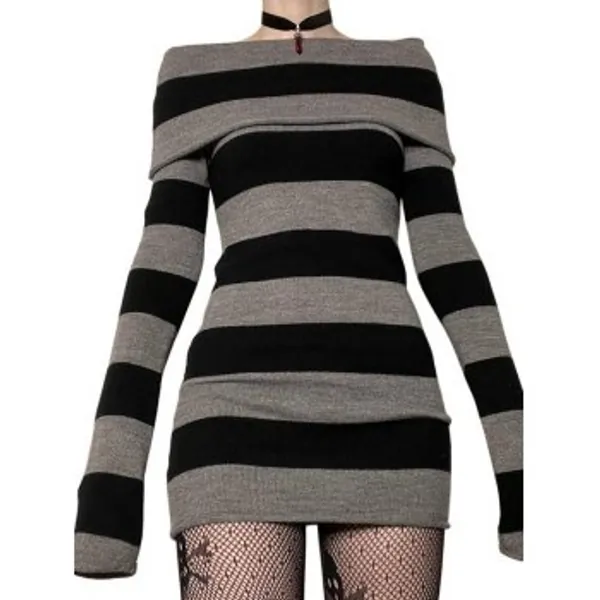 Mini-robe en tricot rayé à manches longues et épaules dénudées