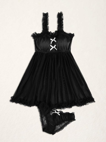 ROMWE Kawaii Robe de nuit avec tulle à nœud papillon & Culotte