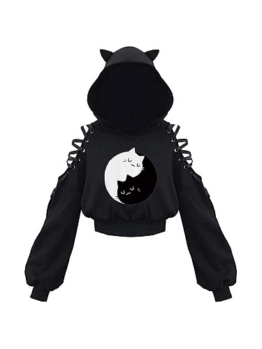 Loalirando Sweat à capuche surdimensionné avec oreilles de chat pour femme - Noir - Manches longues - Style punk gothique, Chat noir et blanc., XL