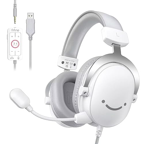 FIFINE USB PC Gaming Headset with 3.5mm Audio Jack, Detachable Microphone, 7.1 Surround Sound, Volume Control, Streaming Over-Ear Wired Headphones for Computer, PS5, Controller, Xbox-H9 White - White