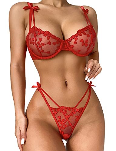 Aphrotiny Heart Embroidered Lingerie for Women Sexy 2 Piece Lace Lingerie Set Mesh Bra and Panty Set - Red Small